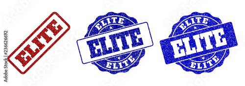 ELITE grunge stamp seals in red and blue colors. Vector ELITE labels with grunge surface. Graphic elements are rounded rectangles, rosettes, circles and text titles.