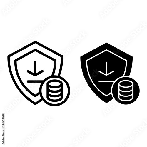 Protection of money line and glyph icon. Shield and coins with arrow vector illustration isolated on white. Protect money receiving outline style design, designed for web and app. Eps 10.