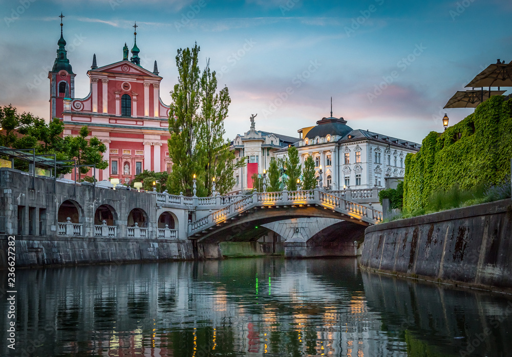 Tromostovje bridge and Ljubljanica river in the city center. Ljubljana, capital of Slovenia.