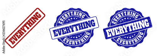 EVERYTHING scratched stamp seals in red and blue colors. Vector EVERYTHING labels with distress effect. Graphic elements are rounded rectangles, rosettes, circles and text labels.