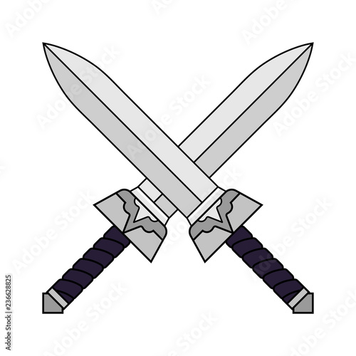 Cartoon Crossed Swords isolated on white background. Weapon for Computer Game Design. Medieval Swords. Vector illustration for Your Design, Game, Card, Web.