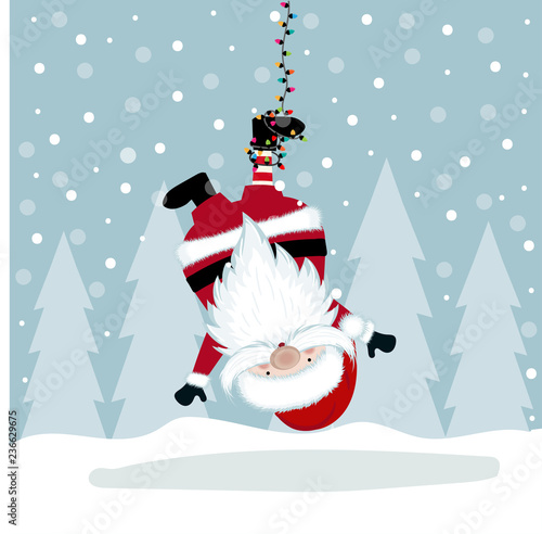 Funny Christmas illustration with hanging Santa