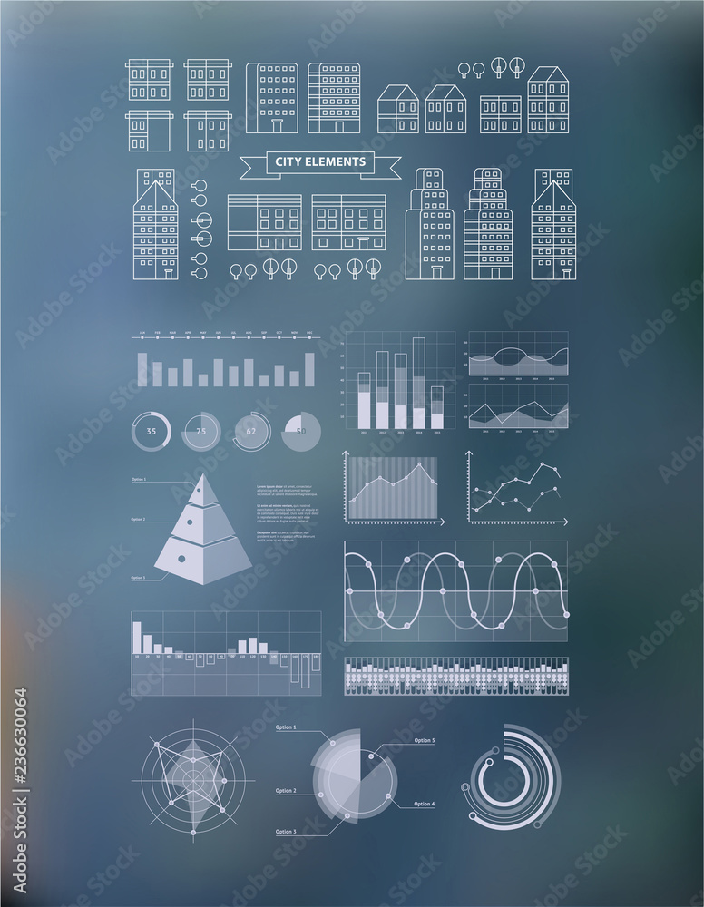 Flat linear city Infographic. Vector town illustration