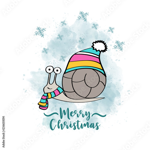 Doodle Christmas card with dressed snail