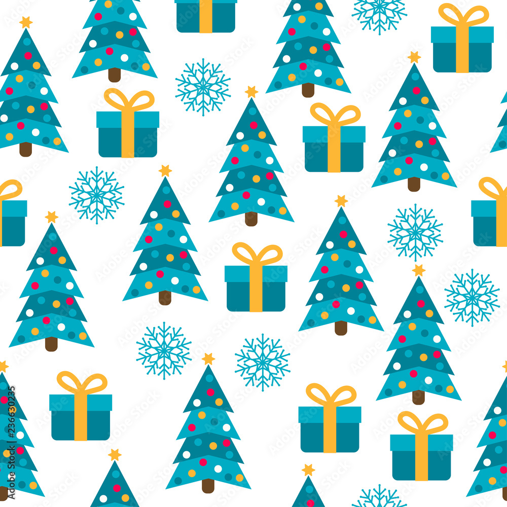 Christmas seamless pattern with Christmas trees, presents and snowflakes