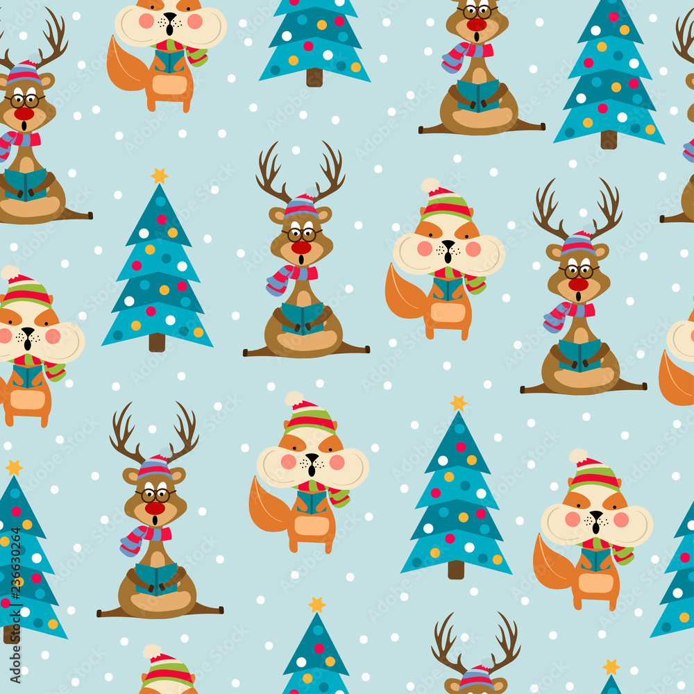 Christmas seamless pattern with  reindeers and Christmas trees