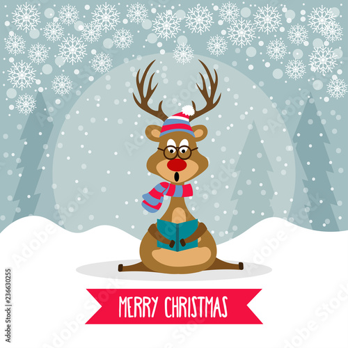 Beautiful flat design Christmas card with reindeer singing carols