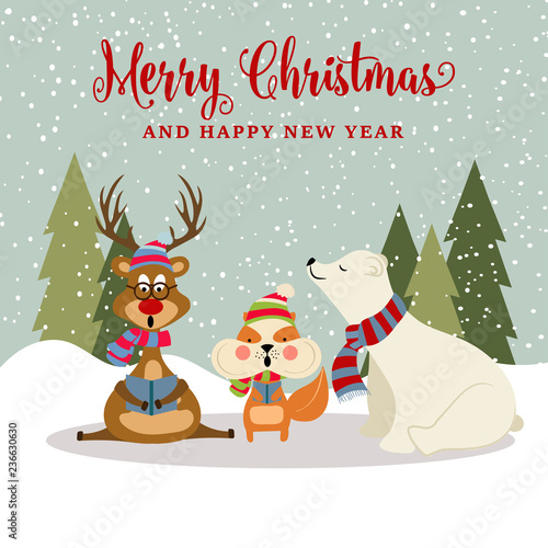 Gorgeous Chritmas card with  reindeer, squirrel and polare bear