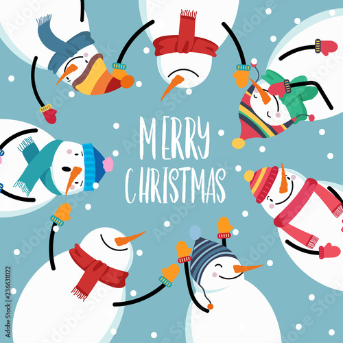 Christmas card with cute snowman and wishes