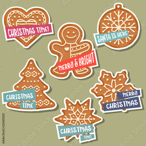 Christmas stickers collection with Christmas gingerbread and wishes.