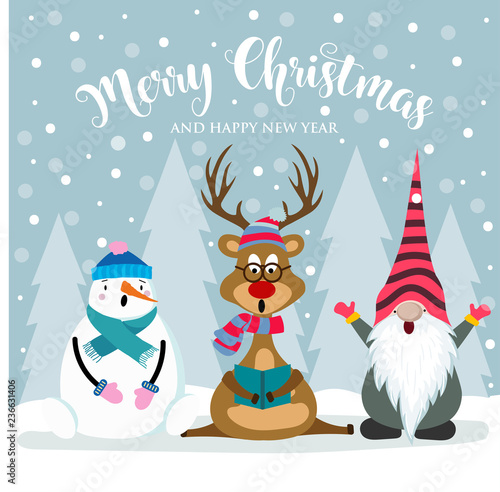 Christmas card with cute gnome, reindeer and snowman