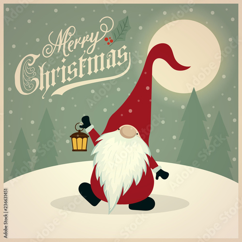 Beautiful retro Christmas card with gnome
