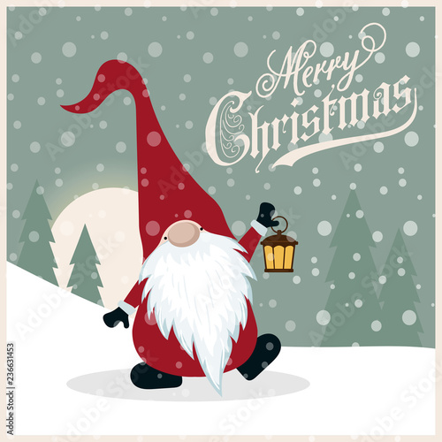 Beautiful retro Christmas card with gnome