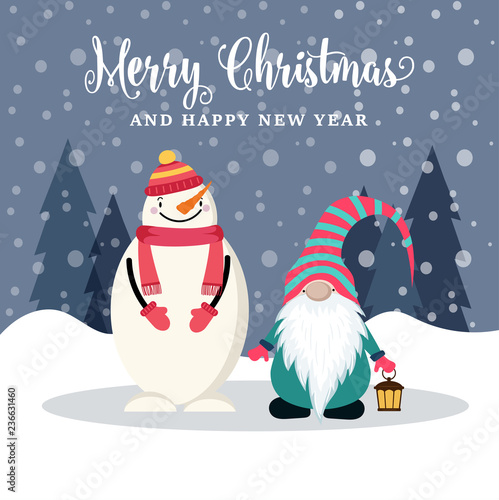Beautiful flat design Christmas card with snowman and gnome