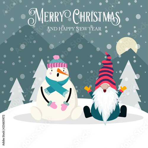 Beautiful Christmas card with gnome and snowman