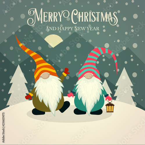 Beautiful retro Christmas card with gnomes