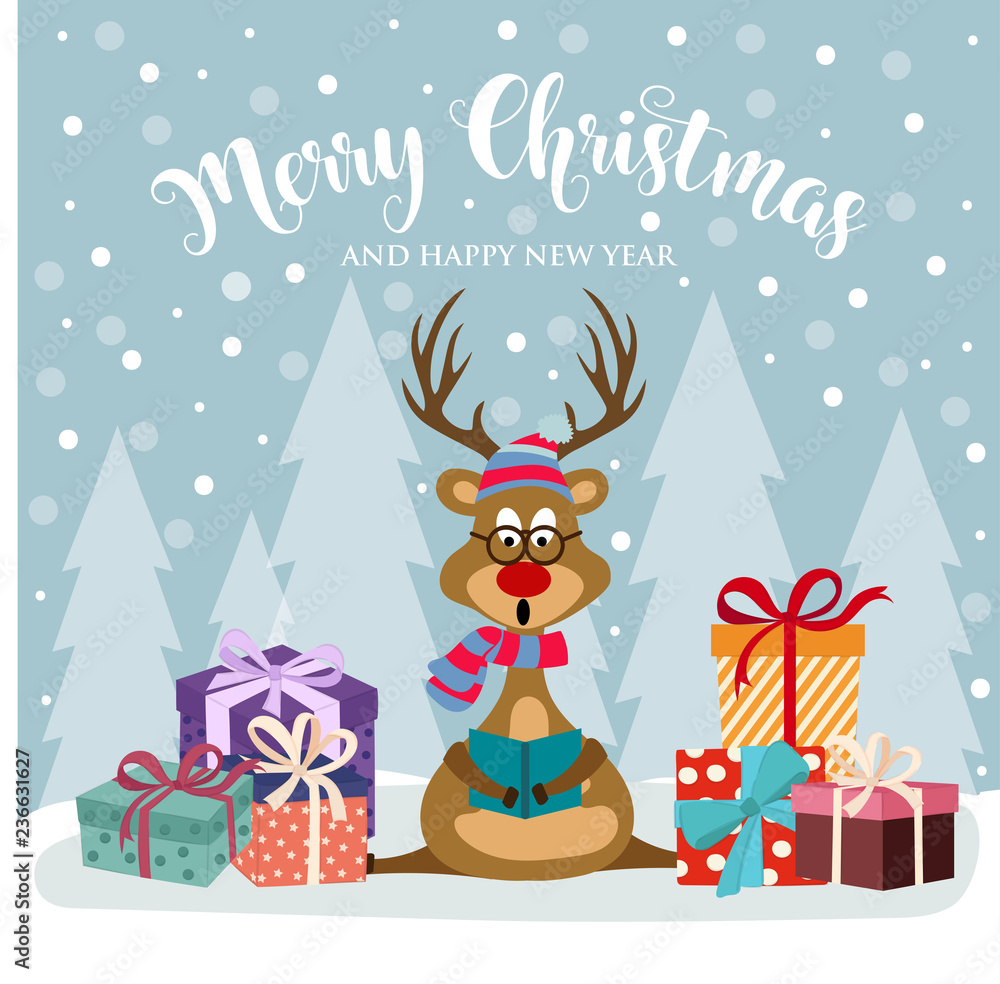 Fototapeta premium Christmas card with cute reindeer and gift boxes