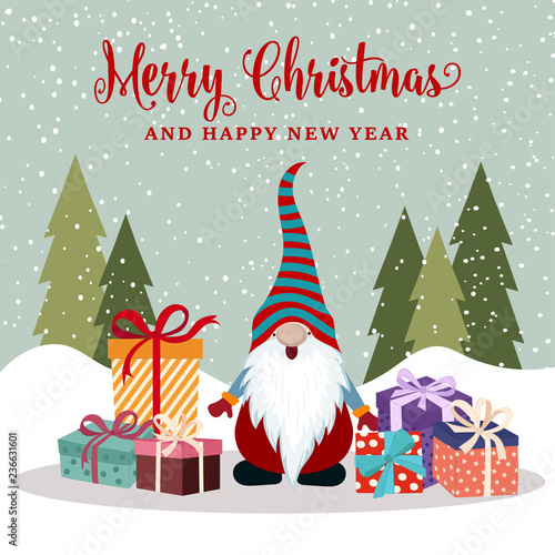 Christmas card with happy gnome and presents