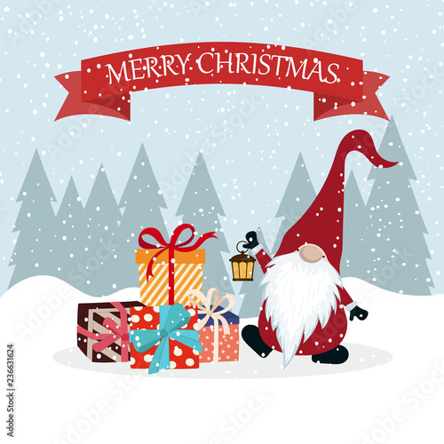 Christmas card with gnome and gift boxes