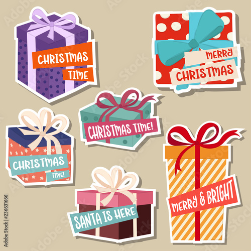 Christmas stickers collection with gift boxes