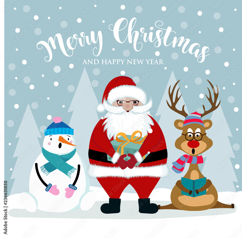 Christmas card with Santa, snowman and reindeer Christmas card with Santa, snowman and reindeer