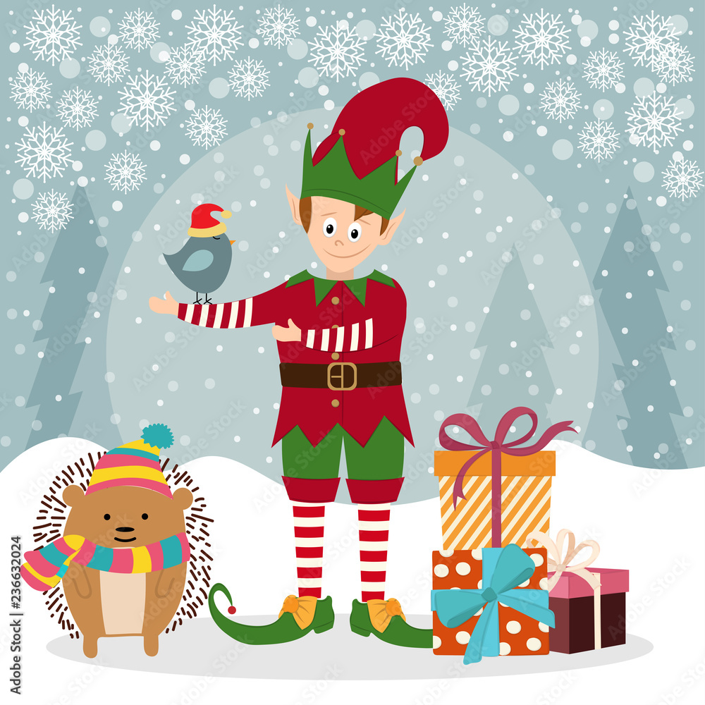 Naklejka premium Christmas card with elf and hedgehog