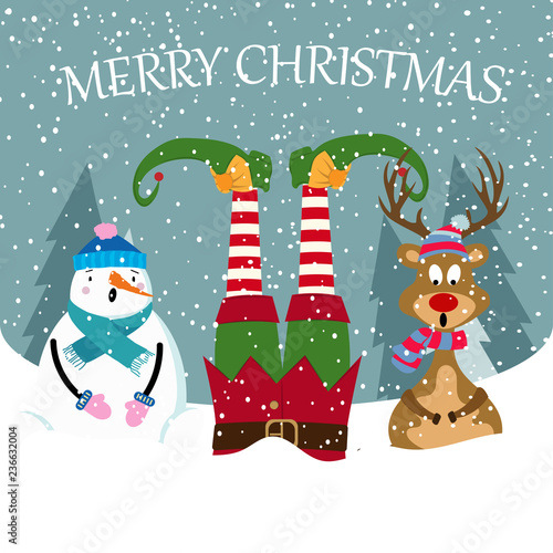 funny Christmas card with elf, snowman and reindeer