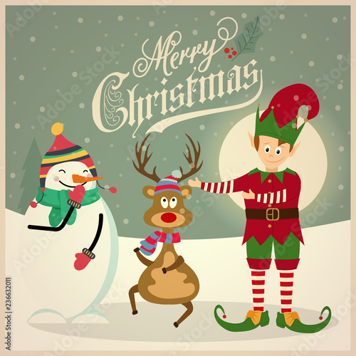 Cute elf with snowman and reindeer. Christmas card
