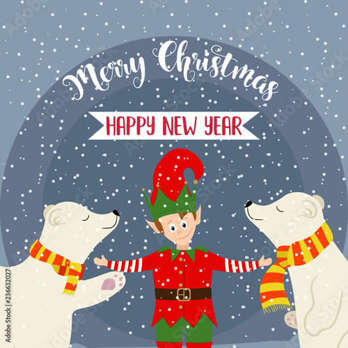 Christmas card with elf and polar bears