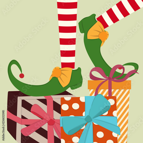 Christmas background with elf legs and presents