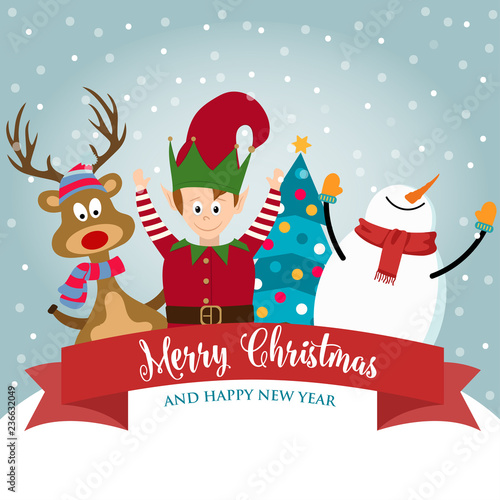 Christmas card with cute elf, snowman and reindeer