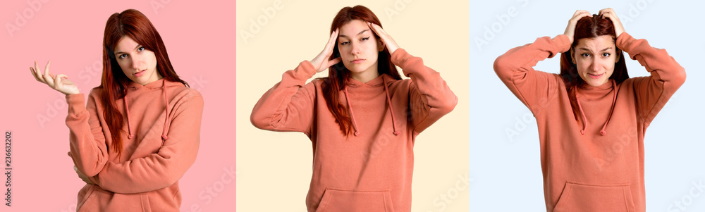 Set of Young redhead girl with pink sweatshirt unhappy and frustrated with something. Negative facial expression on colorful background Set of Young redhead girl with pink sweatshirt unhappy and frustrated with something. Negative facial expression on colorful background