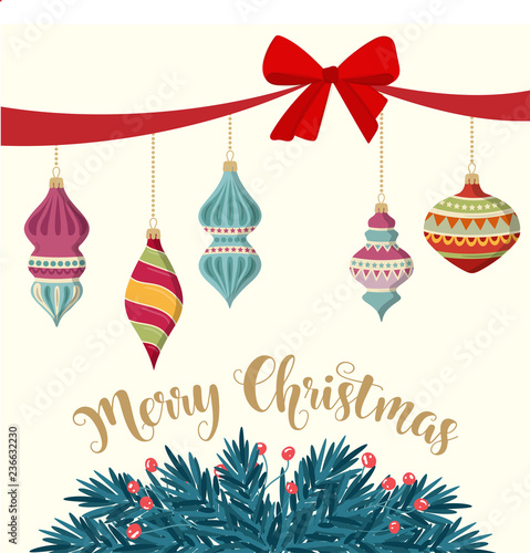 Christmas card with baubles and fir branches