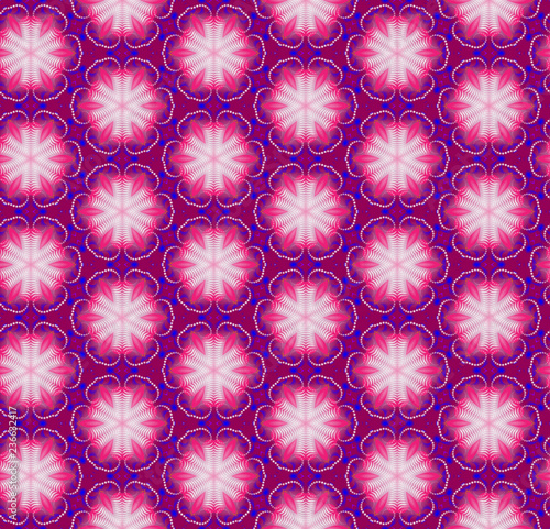 Seamless hexagonal pattern from circular abstract floral ornaments in white, pink and violet colors on a dark purple background. Vector illustration. Suitable for fabric, wallpaper and wrapping paper
