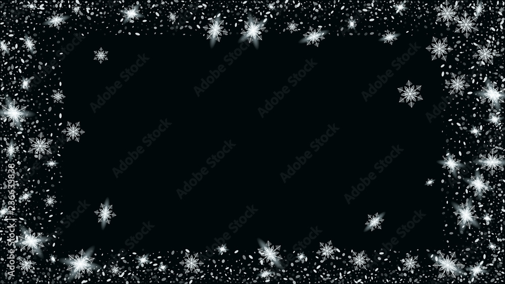 Fototapeta premium Falling snow background. Festive frame for New Year greetings. Bbright, White, Shimmer, Glowing, Scatter, Falling background.