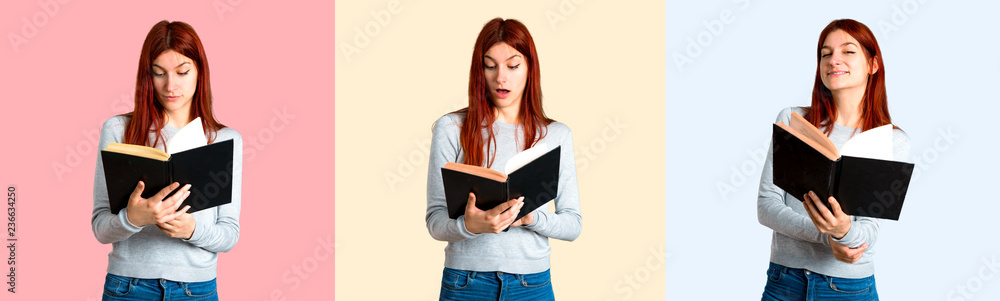 Set of Young redhead girl holding a book and surprised while enjoying reading