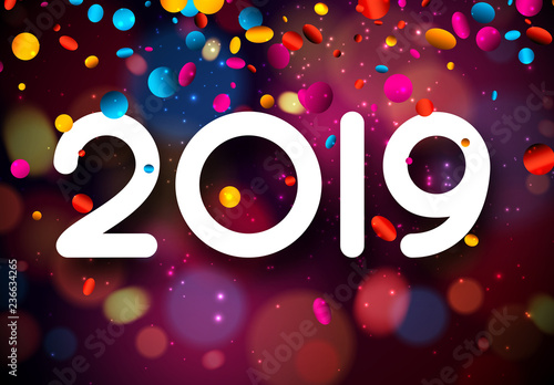 Happy New Year 2019 card with colorful confetti.