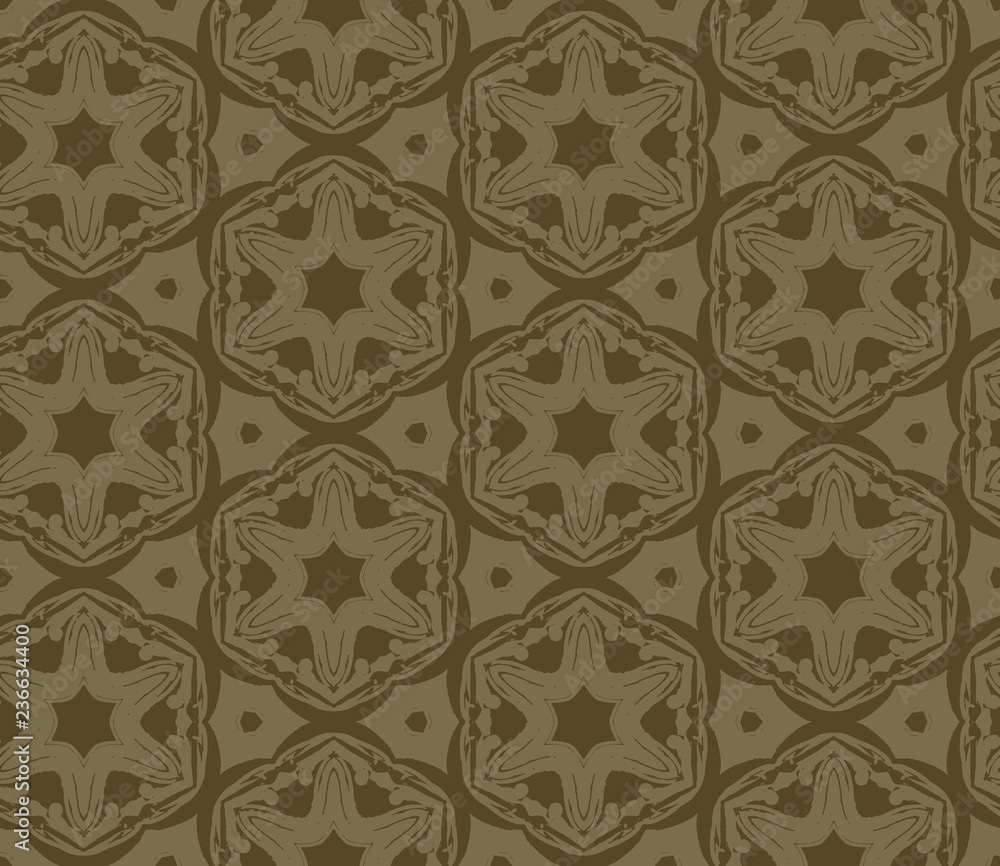 Seamless pattern from hexagonal abstract geometric ornaments in certainly celery color on a olive background. Vector illustration. Suitable for fabric, wallpaper and wrapping paper