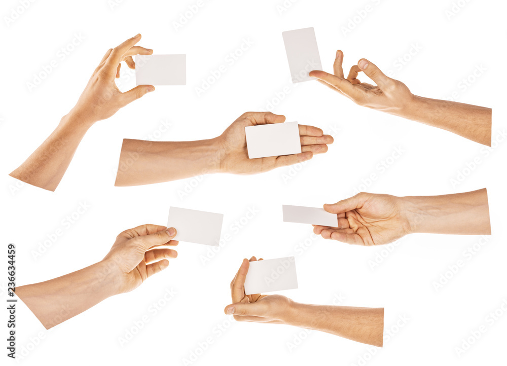 Collage of hands holding business card, isolated on white Stock Photo by  ©belchonock 73612743