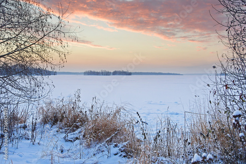 Sunrise on winter lake Uvildy, South Urals, Chelyabinsk oblast, Russia