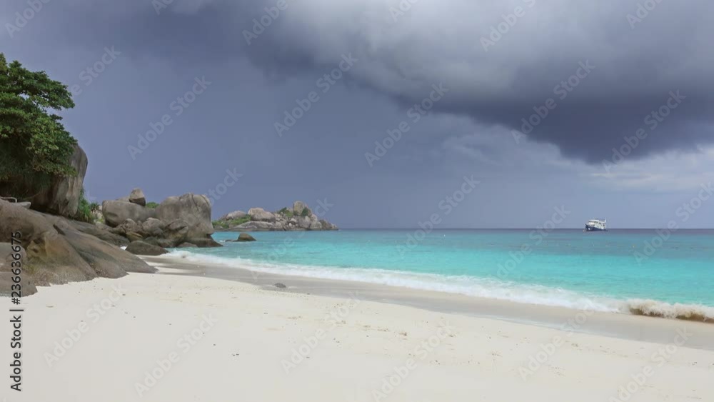 Landscape with white sand beach and storm sky on Similan islands, Thailand, 4k Landscape with white sand beach and storm sky on Similan islands, Thailand, 4k