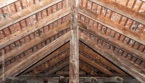 Roof. Wooden. Beams. Indoor. Old. Rusty. Tile