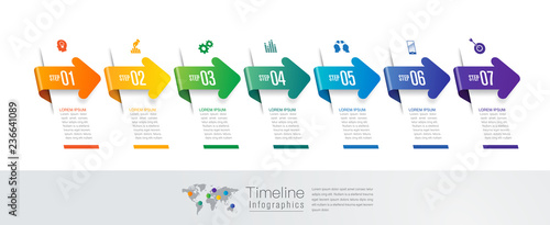 Timeline infographics design vector and business icons with 7 options.