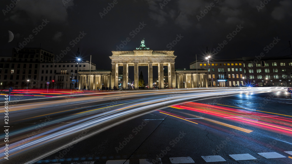 Light stripes in front of the Brandenburg Gate in Berlin Germany
