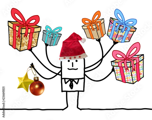 Cartoon Man with Multi Gifts and Santa red Hat photo