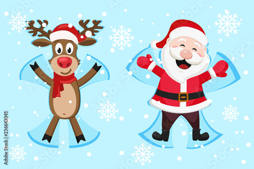 Santa and the deer lie in the snow and smile.