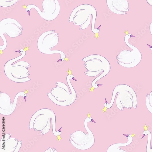 Seamless pattern with white swans. White swans on pink background. Vector illustration. © Vladimir