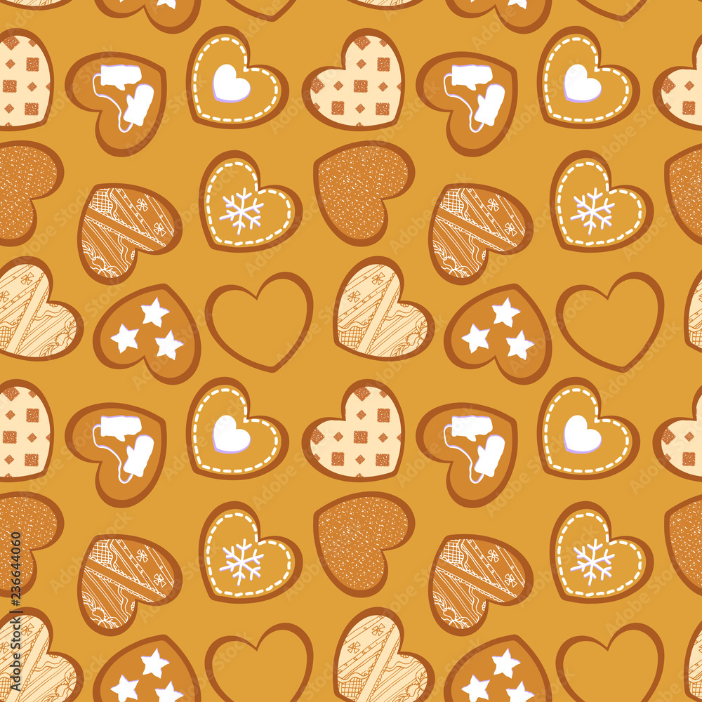 Vector seamless texture with heart-shaped ginger cookies.