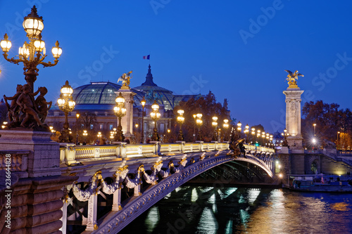Fototapeta Naklejka Na Ścianę i Meble -  Paris, France - November 17, 2018: Alexandre 3 bridge and Grand Palais at sunset in Paris