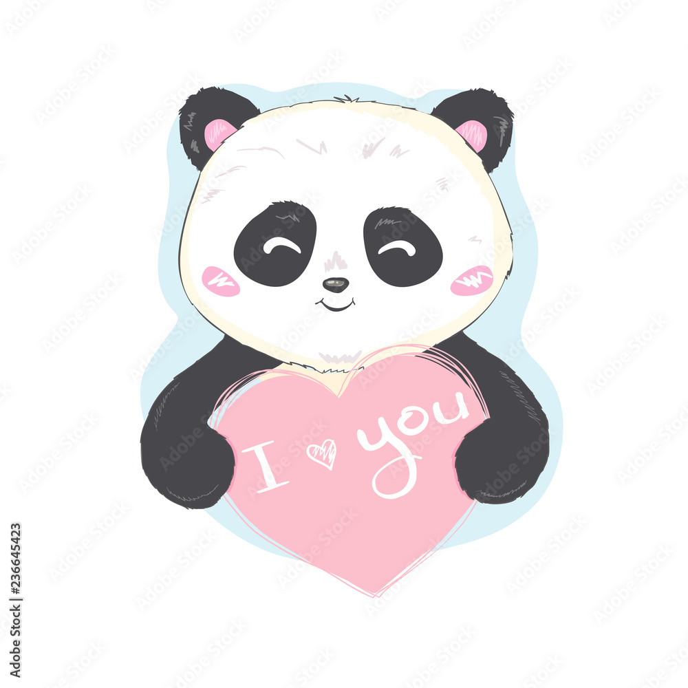 Obraz premium Vector Illustration: A cute cartoon giant panda is sitting on the ground, sticking tongue out, with a branch of bamboo leaves in hand